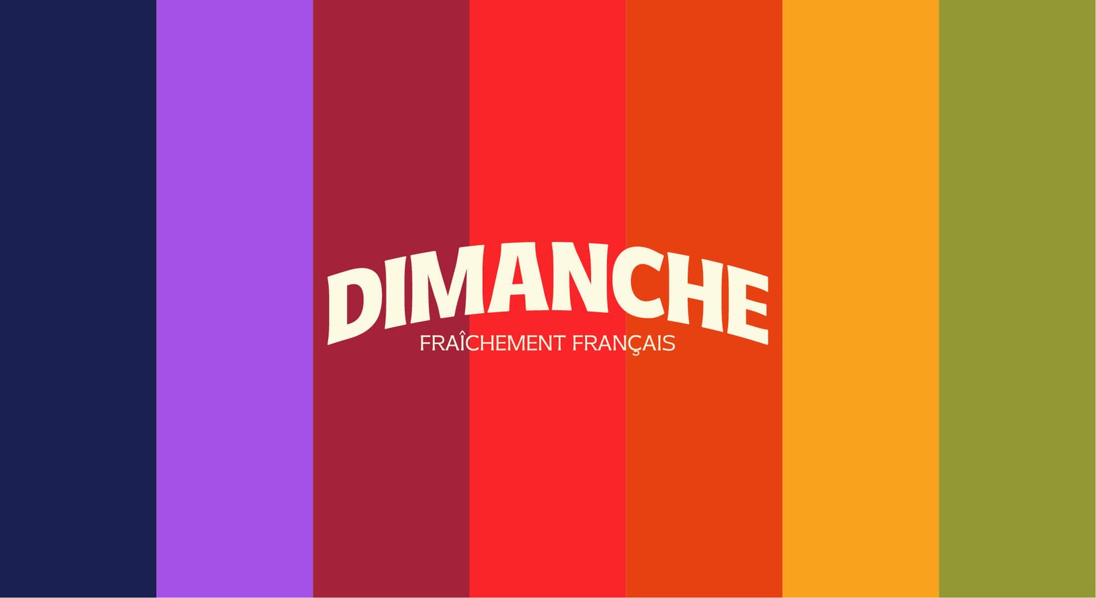 Le logotype DIMANCHE posé sur la palette de couleurs de la marque.